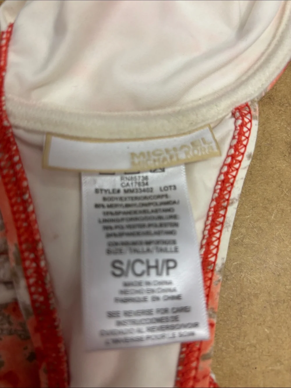 Michael Kors Coral & White Floral Design  Halter Swim Top with Gold Logo Sz S